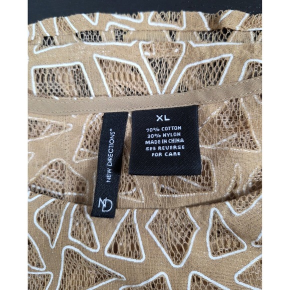 New Directions NWT Tan White Geometric Open weave long‎ sleeve crew neck top XL - Picture 5 of 7